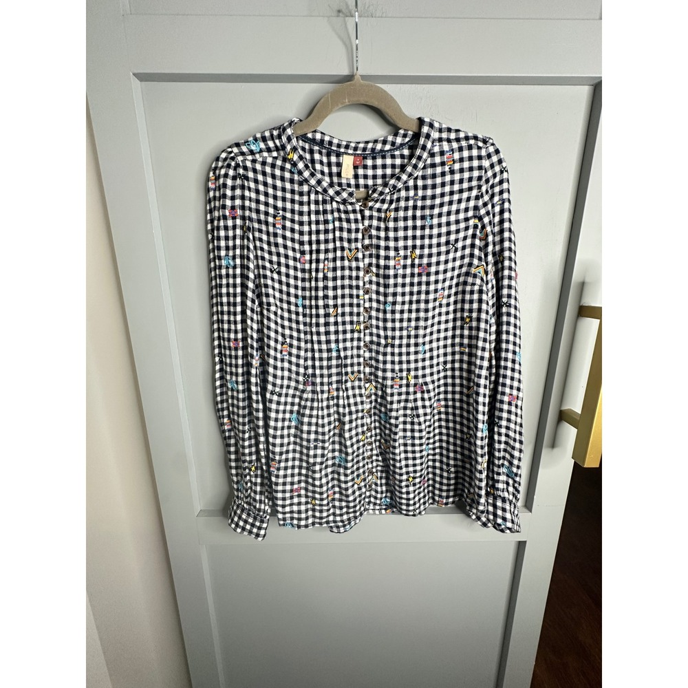 Pilcro Anthropologie Gingham Embroidered Button Down Blouse Navy White Small